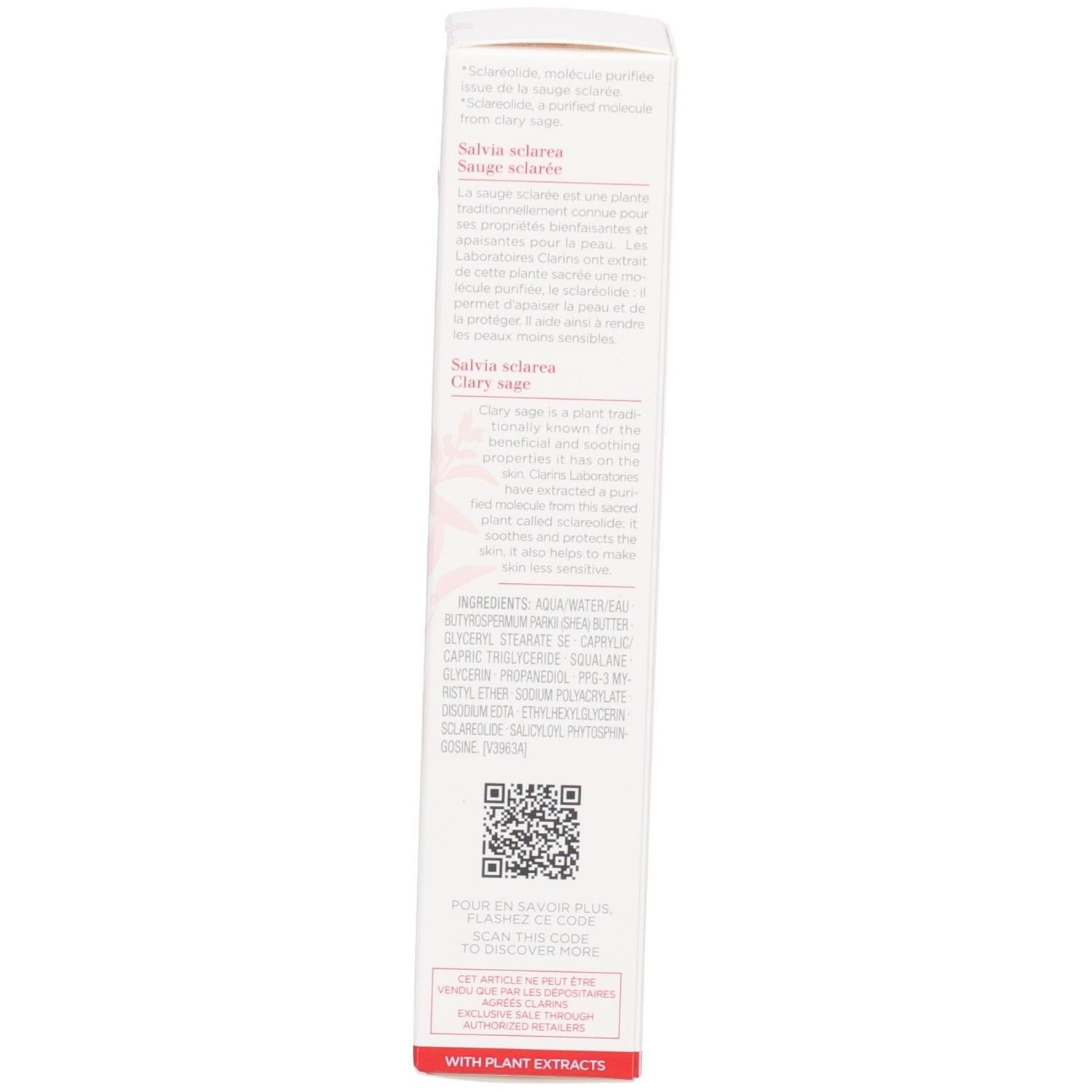 Clarins Calm Essentiel : Ingrédients et code QR au dos du packaging.