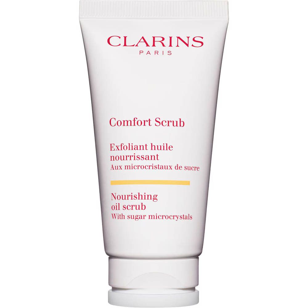 Tube Clarins Comfort Scrub. Exfoliant huile nourrissant aux microcristaux de sucre.