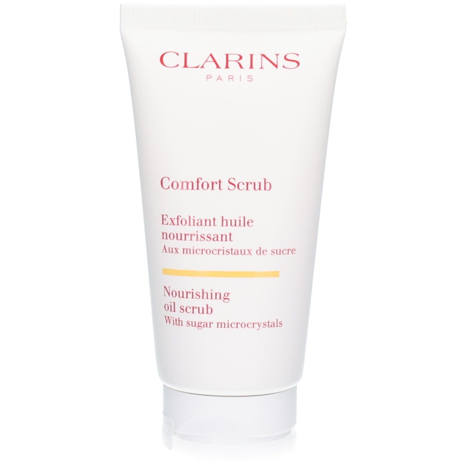 Tube Clarins Comfort Scrub 50ml. Exfoliant huile nourrissant aux microcristaux de sucre.