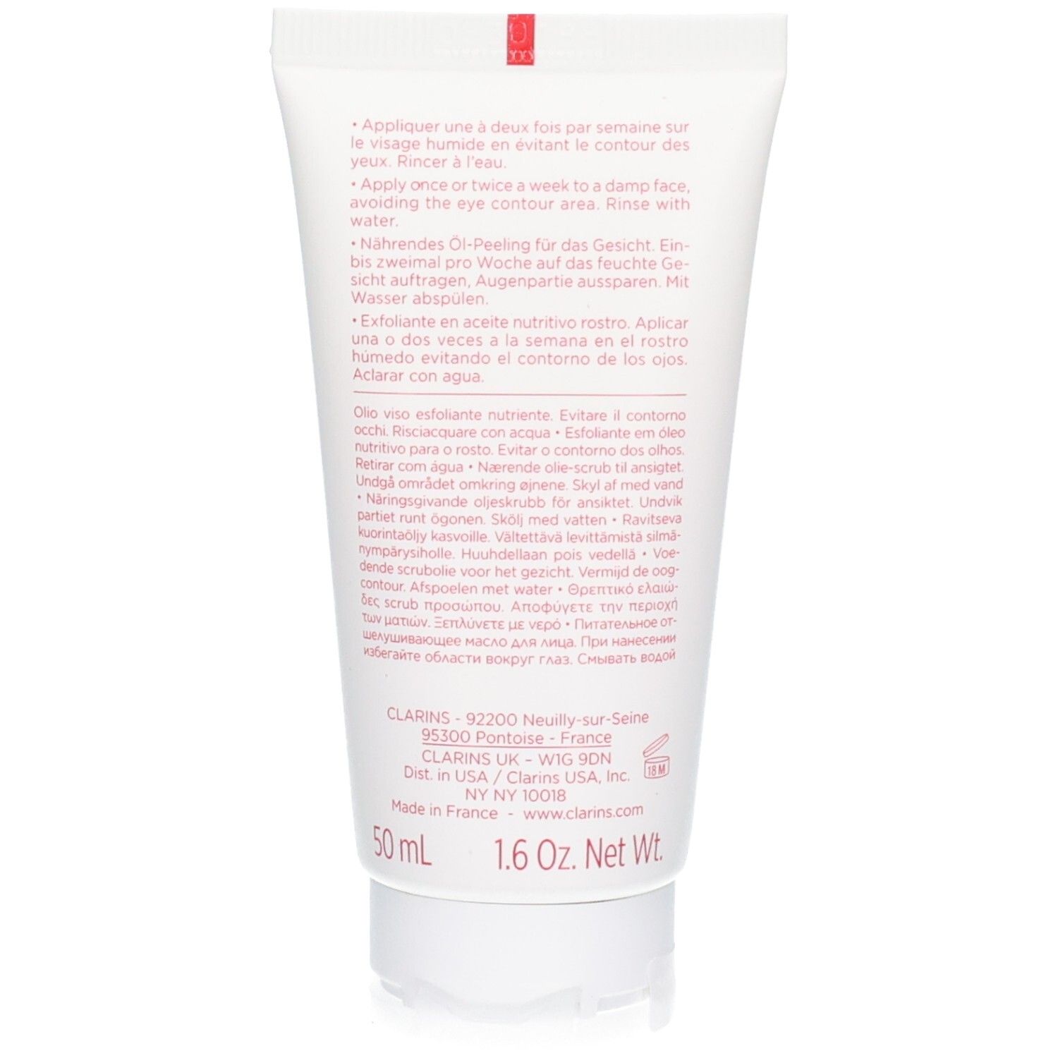 Arrière du tube Clarins Comfort Scrub avec instructions d'utilisation et ingrédients.