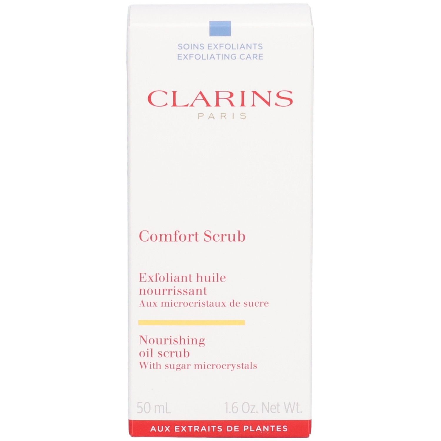 Face avant de la boîte Clarins Comfort Scrub. Exfoliant huile nourrissant aux microcristaux de sucre.