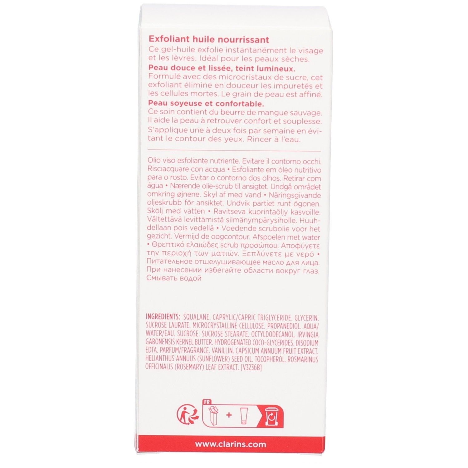 Côté de la boîte Clarins Comfort Scrub avec description produit en français et anglais.