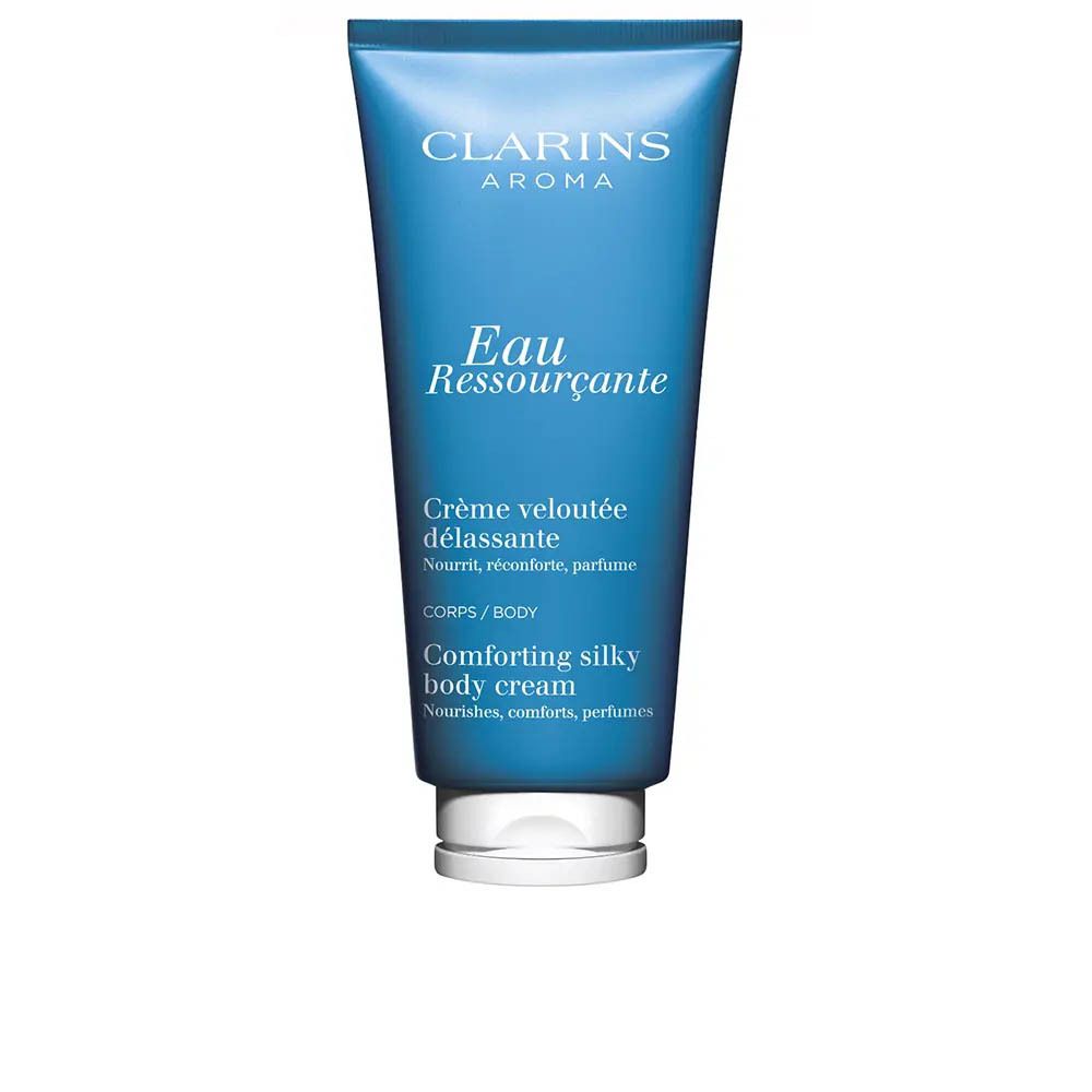 Crème Corps Eau Ressourçante Clarins dans un tube bleu avec un bouchon blanc.