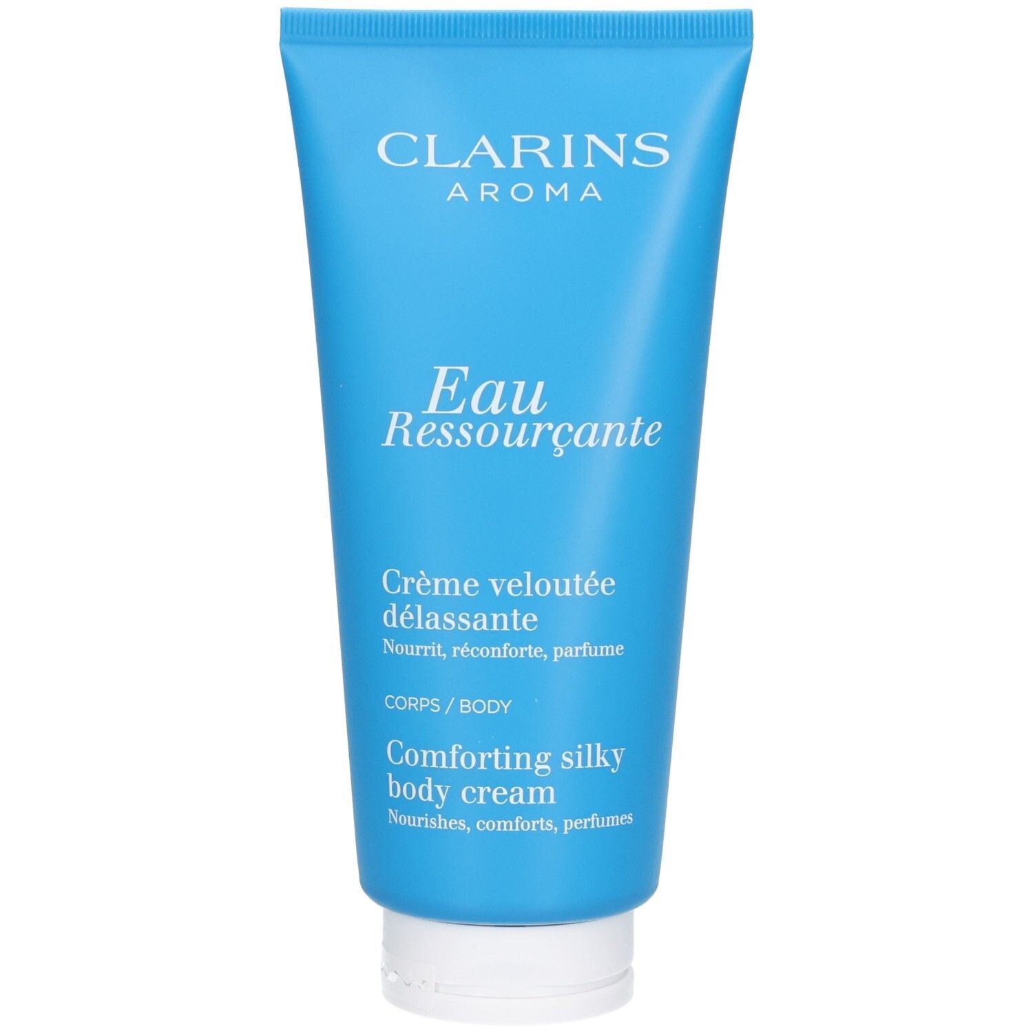 Crème Corps Eau Ressourçante Clarins dans un tube bleu avec un bouchon blanc.