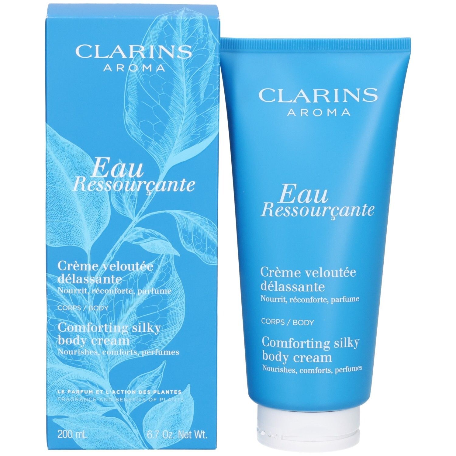 Crème Corps Eau Ressourçante Clarins à côté de sa boîte ouverte avec motif de feuilles.