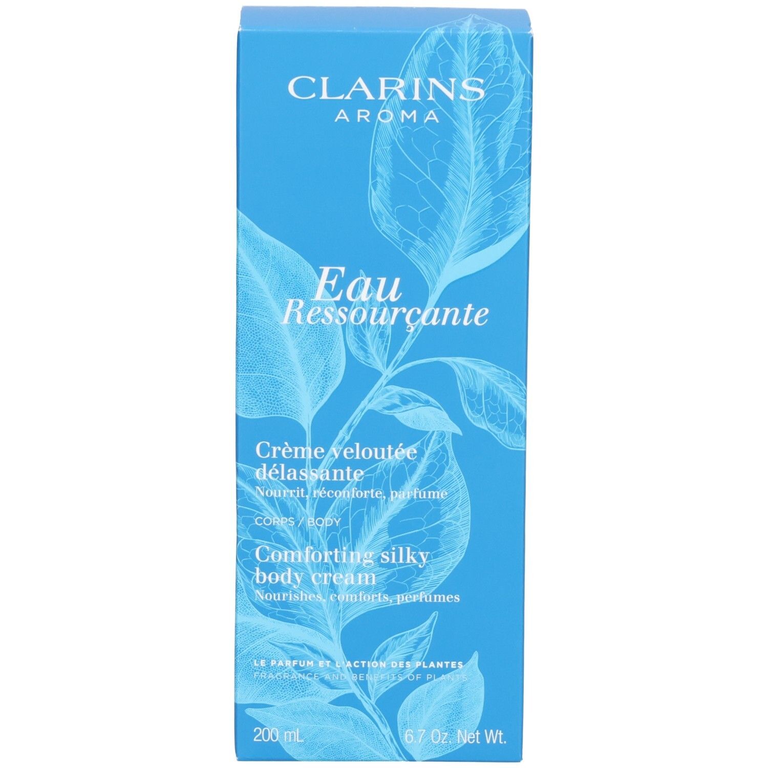 Boîte de Crème Corps Eau Ressourçante Clarins avec motif de feuilles et informations produit.