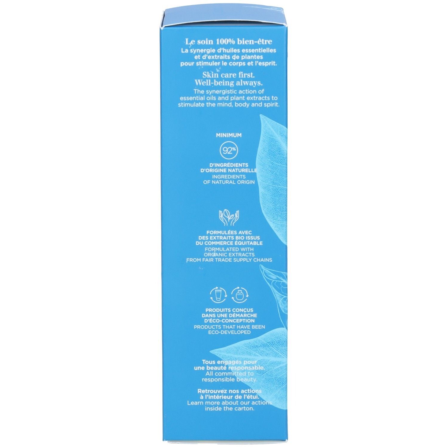 Côté de la boîte Eau Ressourçante Clarins avec informations sur les ingrédients et la durabilité.