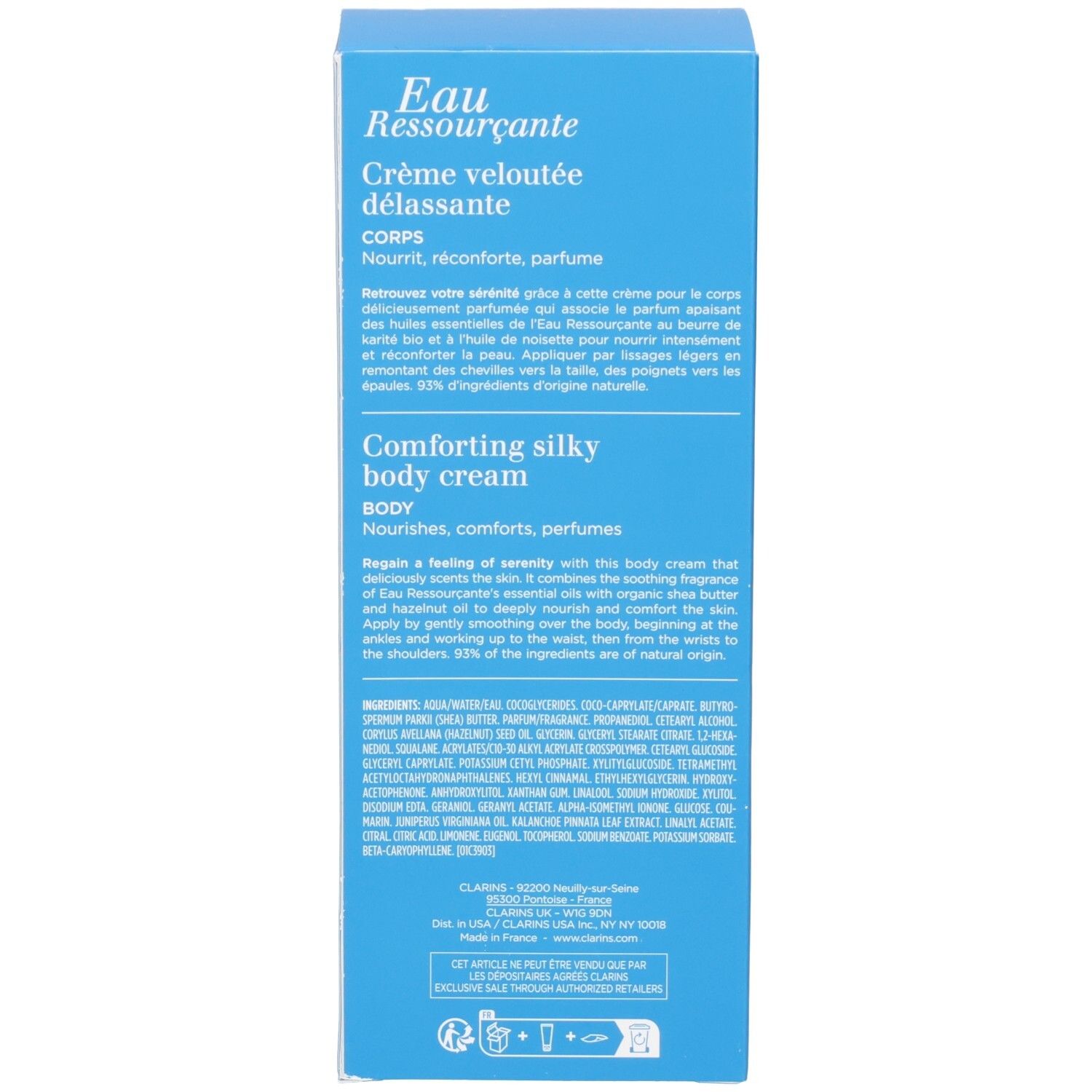Arrière de la boîte Eau Ressourçante Clarins avec liste détaillée des ingrédients.