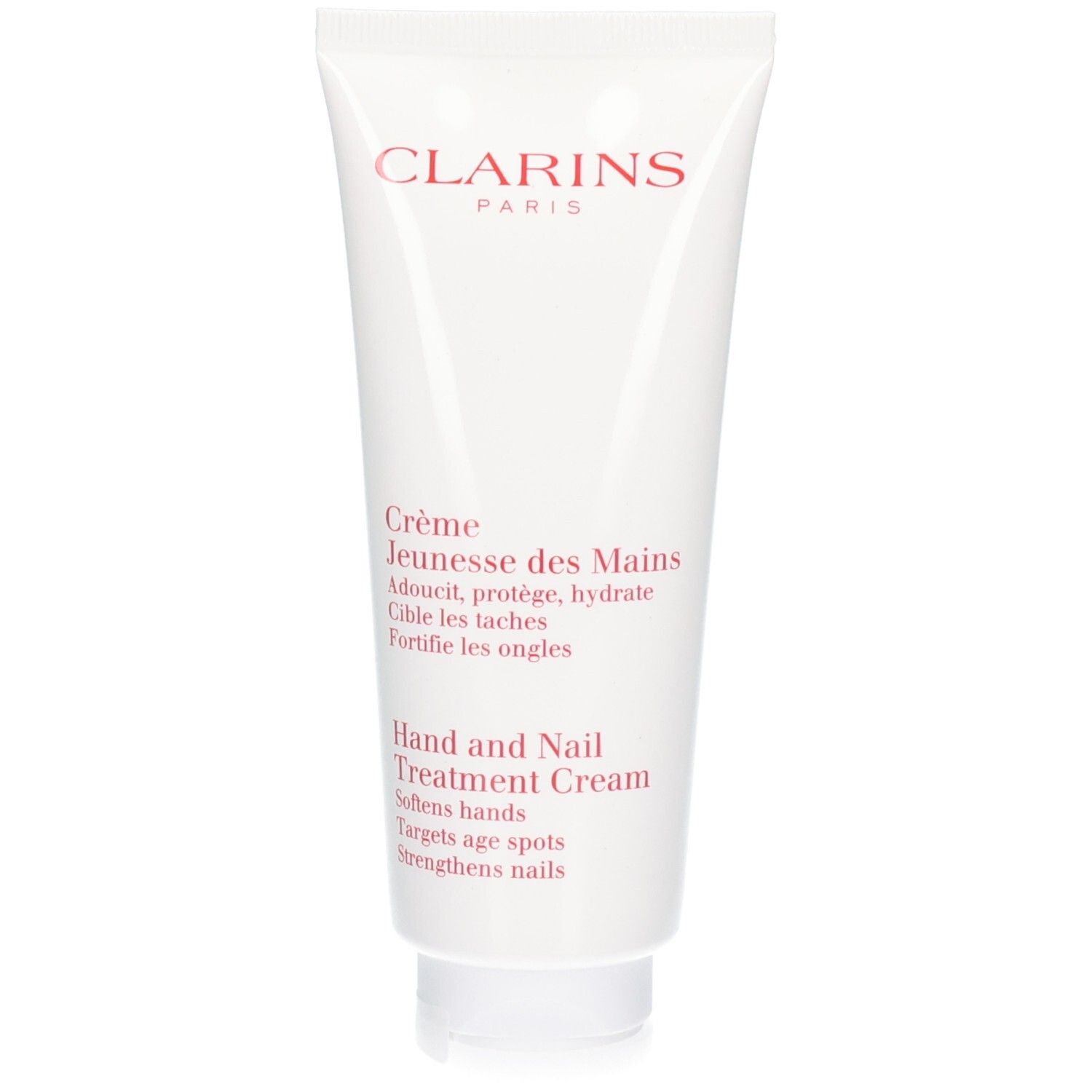 Clarins Crème Jeunesse des Mains Tube. Blanc avec inscription rouge.