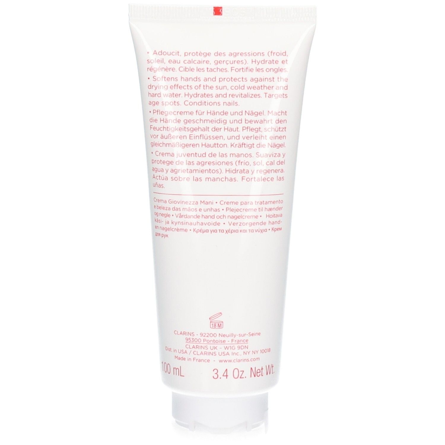 Arrière du tube Clarins Crème Jeunesse des Mains avec informations produit et indication 100 ml.