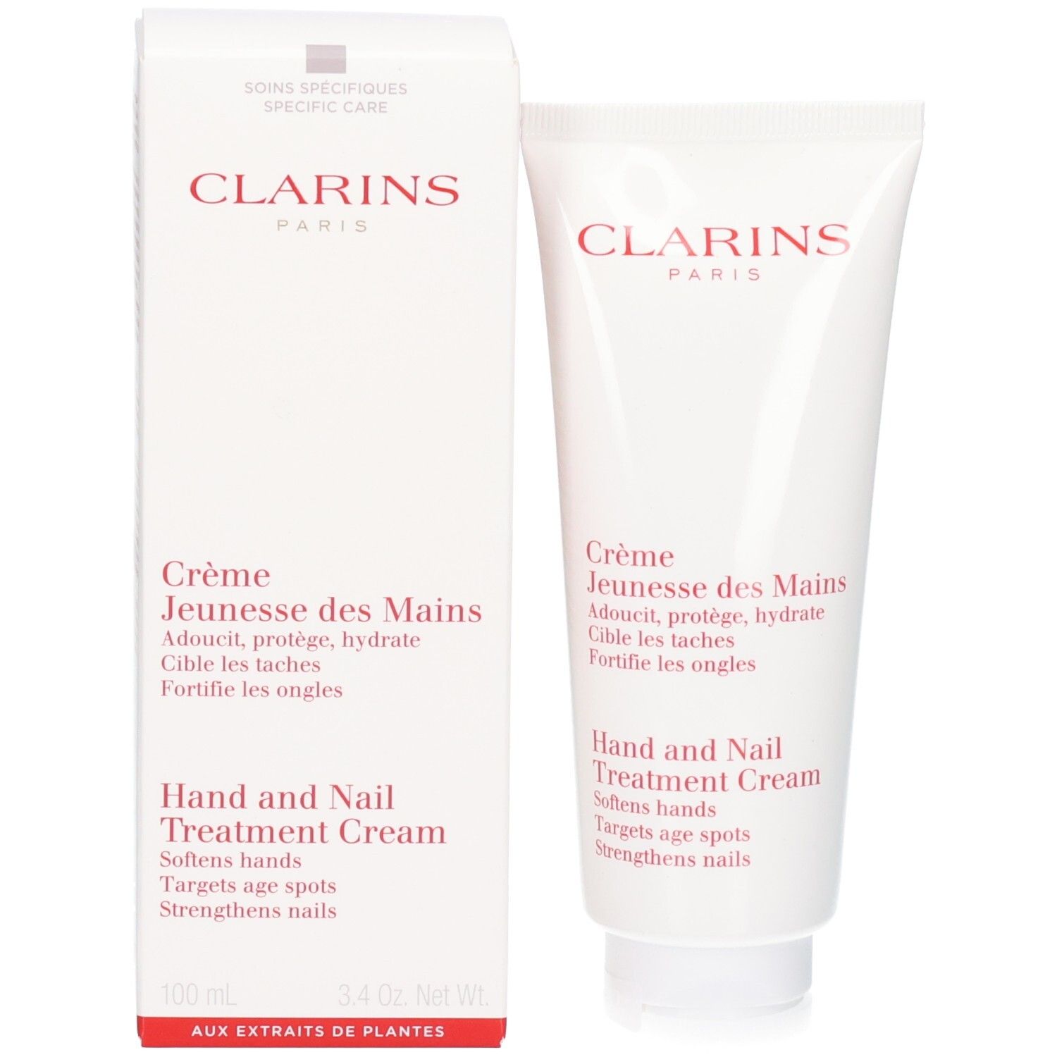 Tube et boîte Clarins Crème Jeunesse des Mains. Blanc avec inscription rouge.