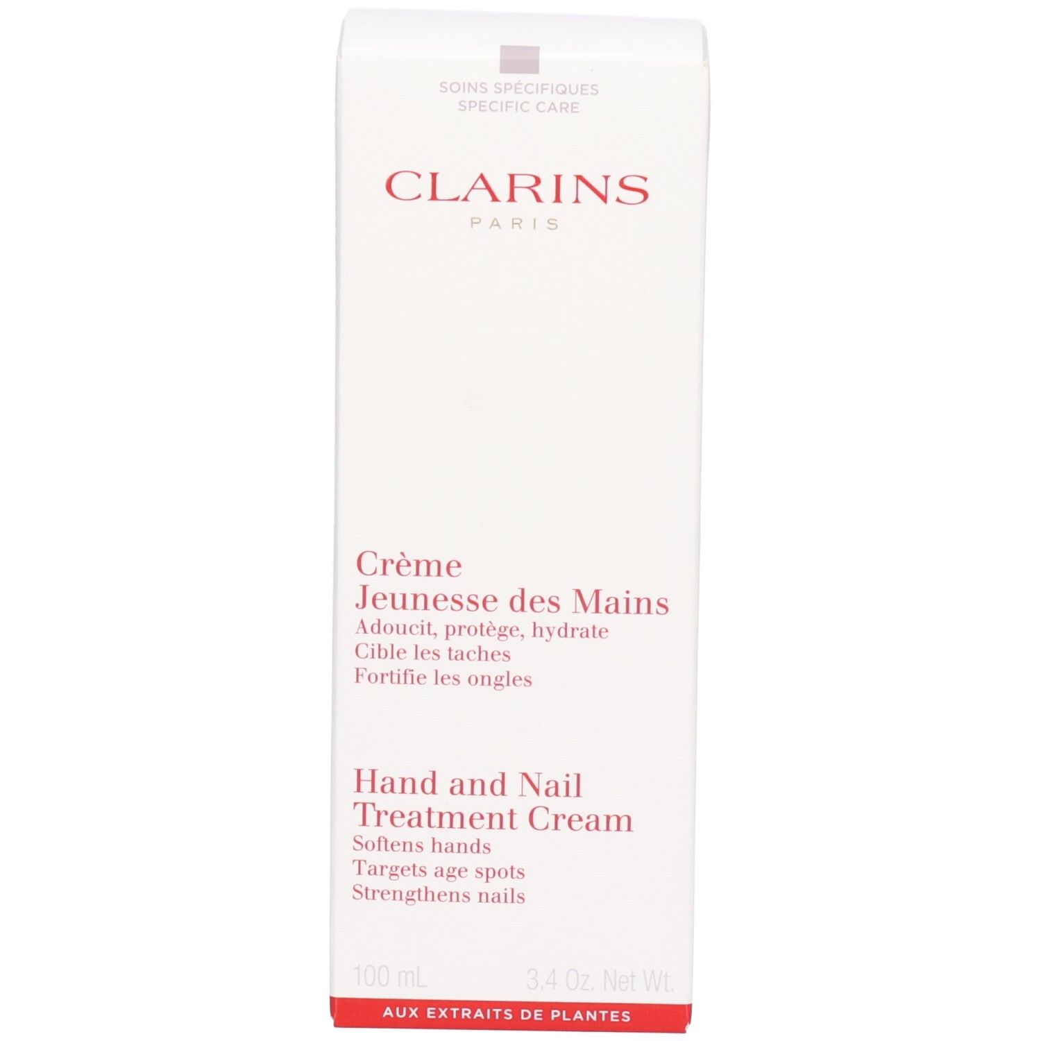 Boîte Clarins Crème Jeunesse des Mains. Blanc avec inscription rouge et nom du produit.