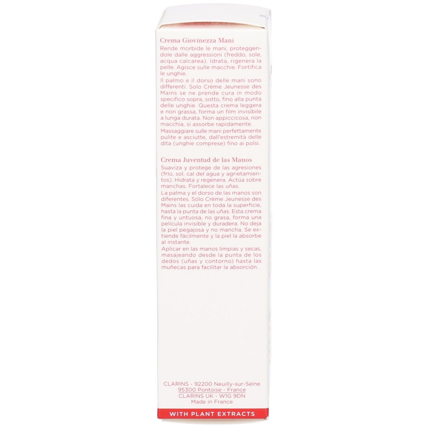 Côté de la boîte Clarins Crème Jeunesse des Mains avec descriptions produit en italien et français.