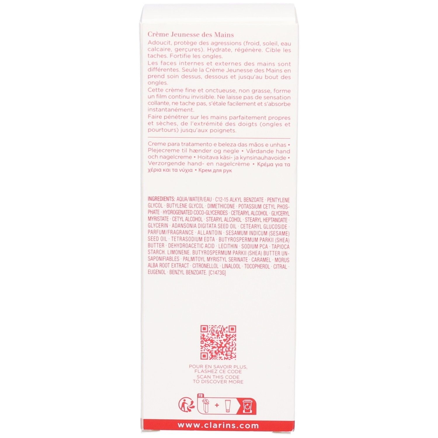 Côté de la boîte Clarins Crème Jeunesse des Mains avec ingrédients et code QR.