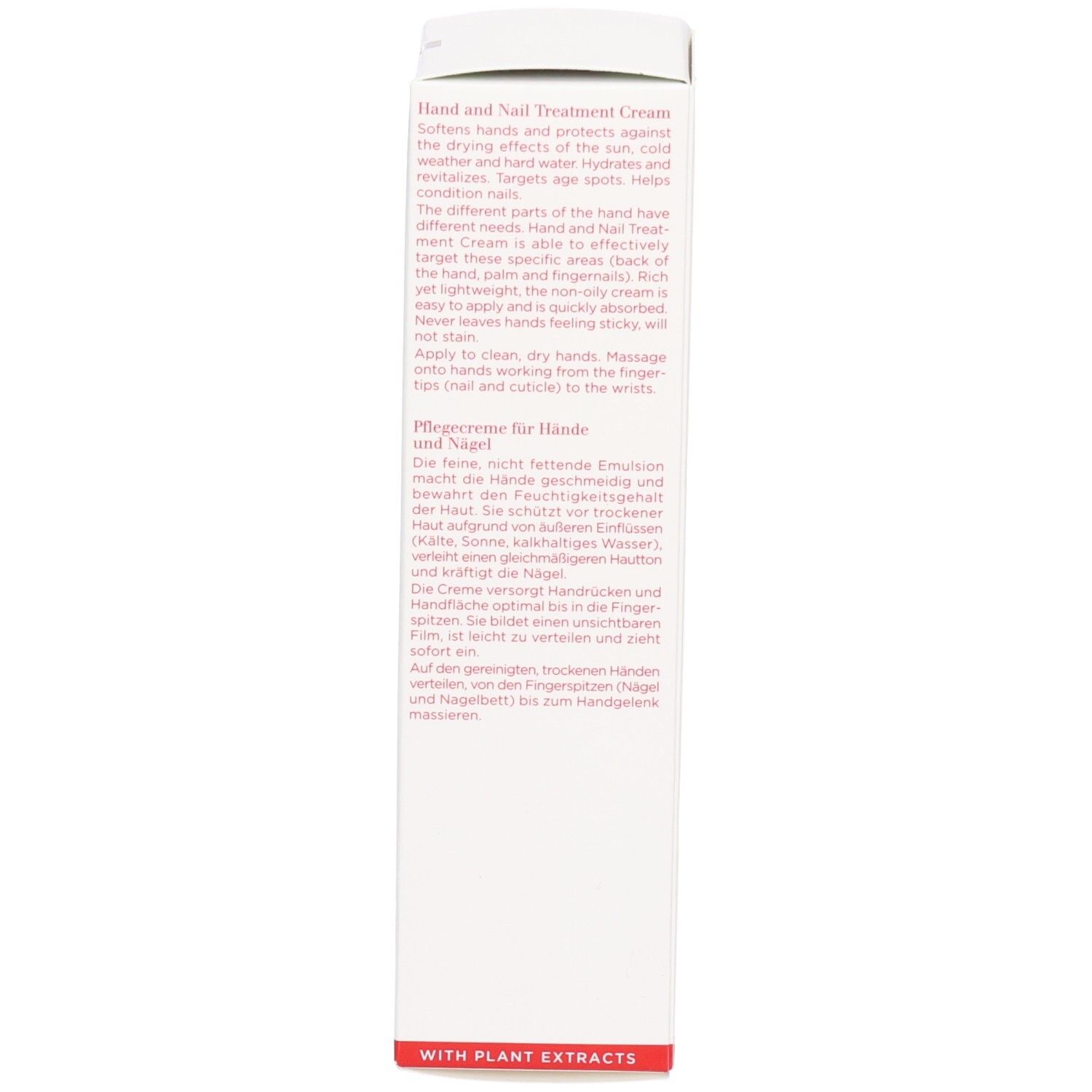Côté de la boîte Clarins Crème Jeunesse des Mains avec descriptions produit en allemand et anglais.