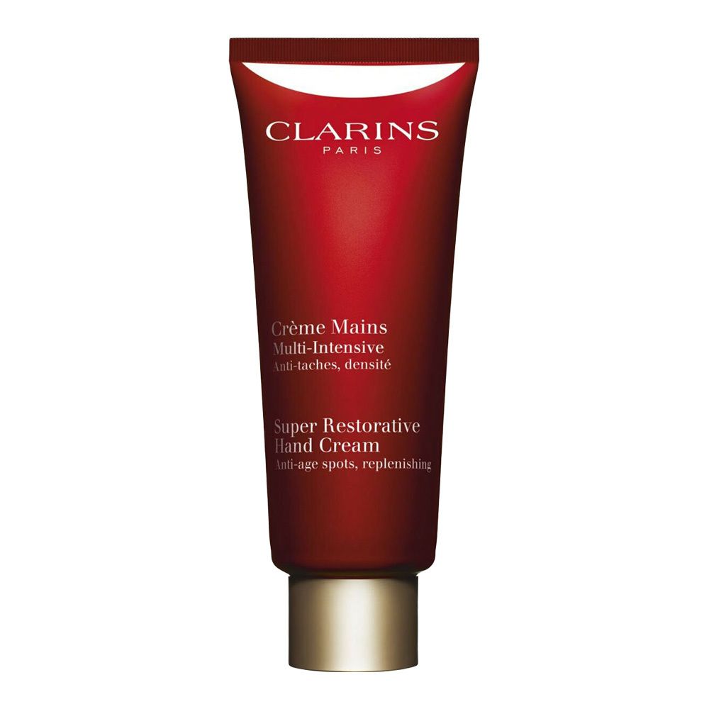 Tube de crème pour les mains Clarins rouge avec bouchon doré. Texte : Crème Mains Multi-Intensive.
