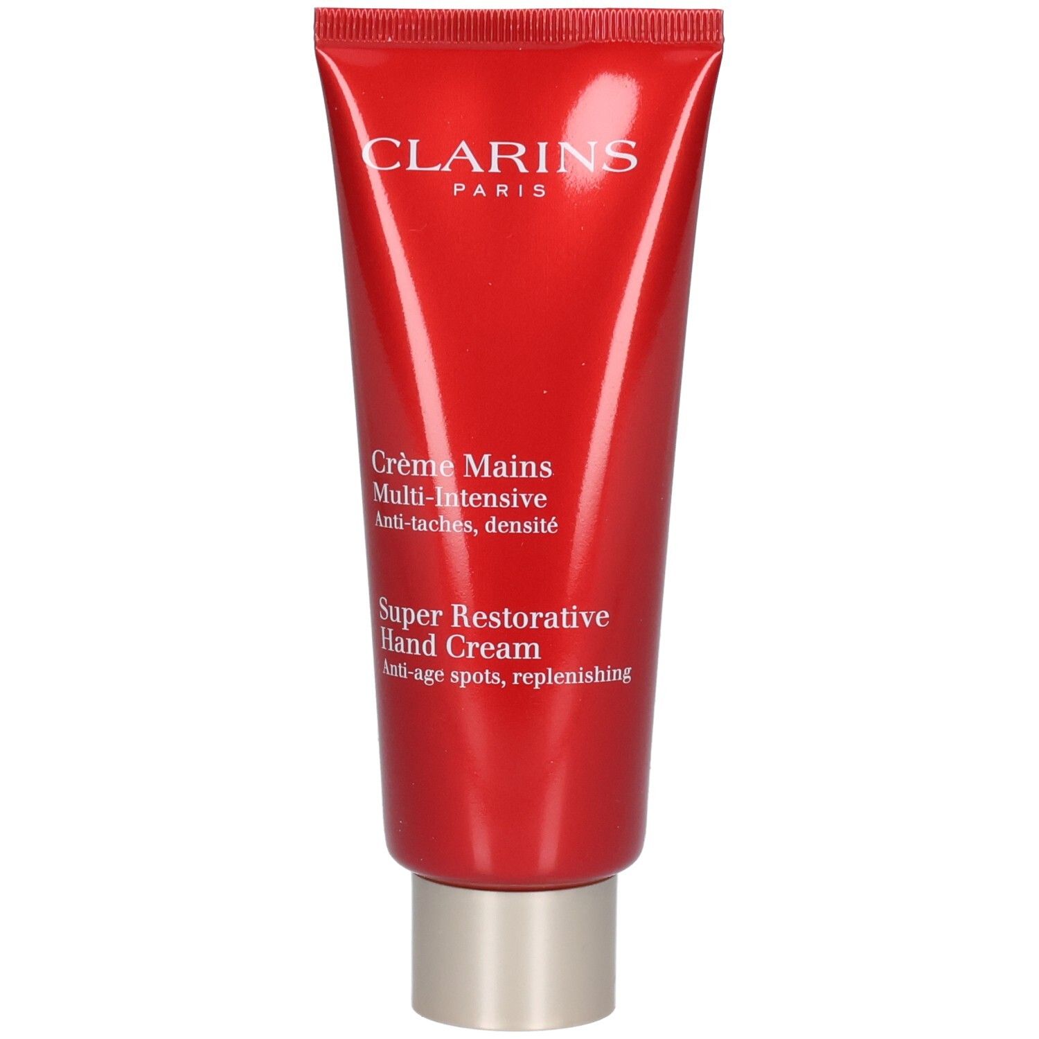 Tube rouge de crème pour les mains Clarins avec bouchon argenté. Étiquette avant avec nom du produit.