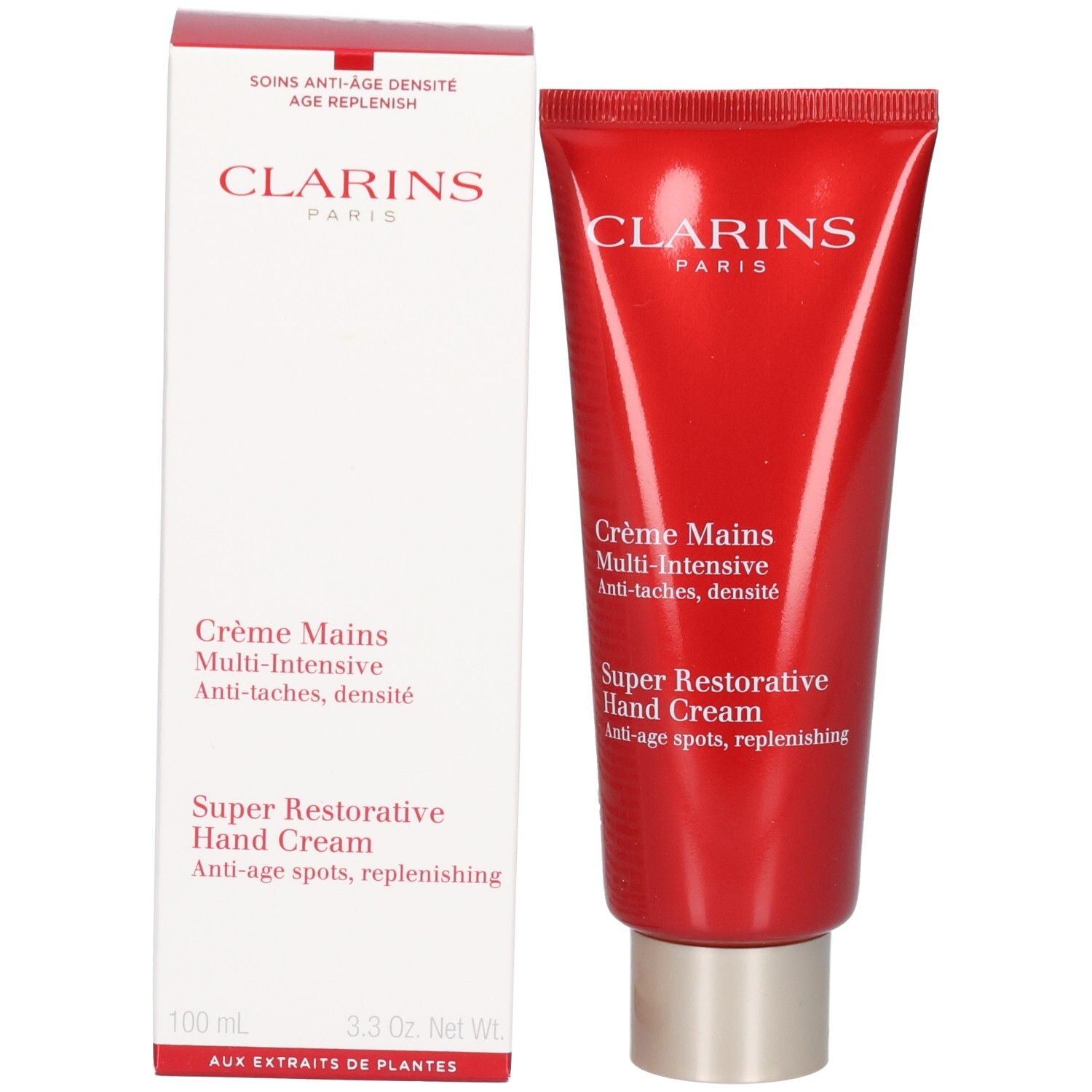 Tube de crème pour les mains Clarins à côté de sa boîte d'emballage blanche. Les deux montrent des informations produit.