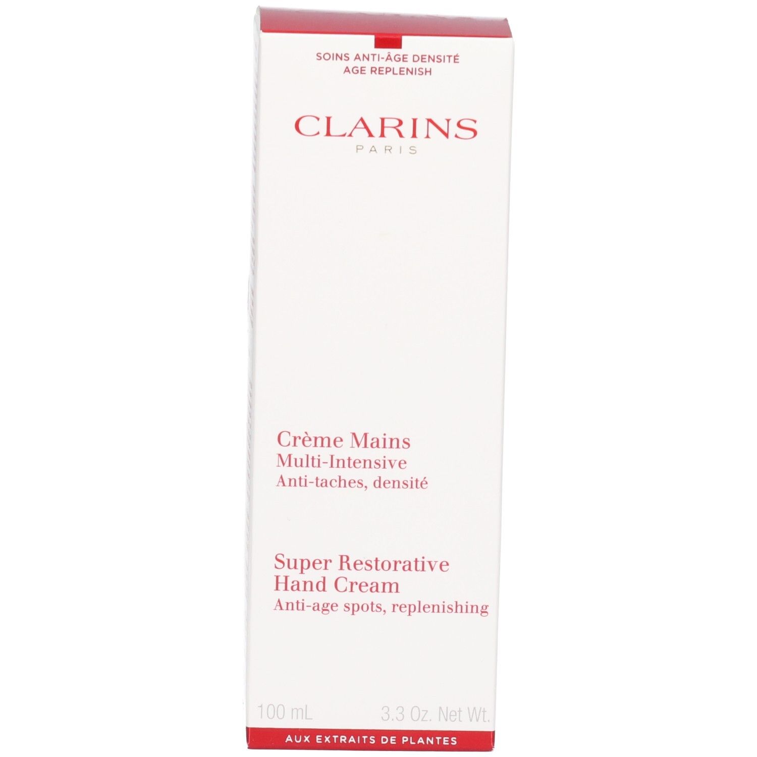 Boîte d'emballage blanche pour crème pour les mains Clarins. Affiche le nom de la marque et les désignations du produit.