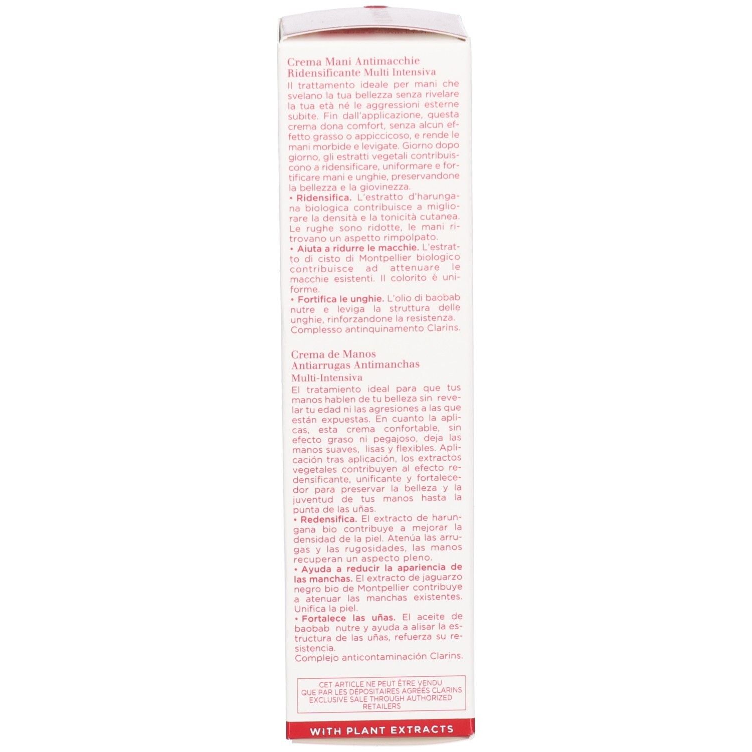 Côté d'une boîte d'emballage de crème pour les mains Clarins avec des descriptions produit détaillées en plusieurs langues.