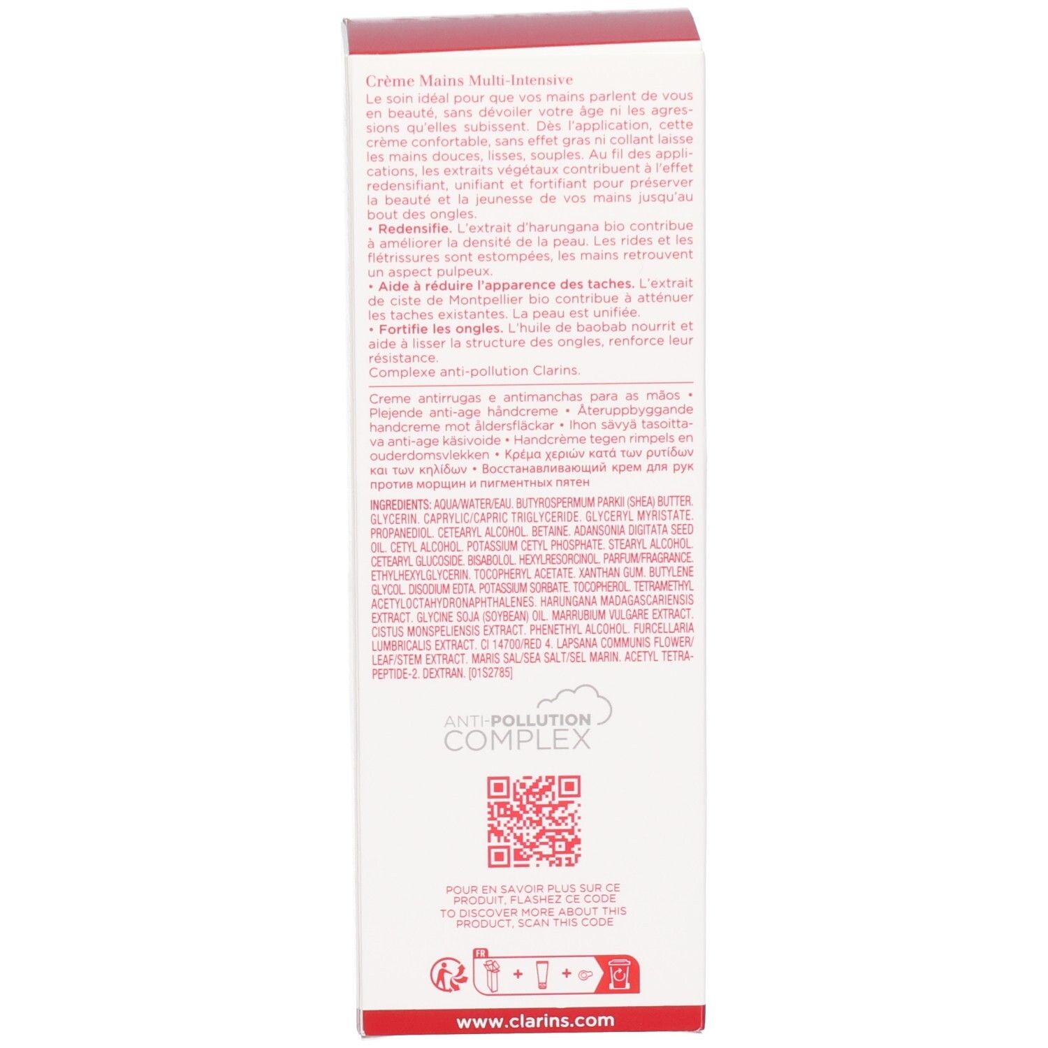 Côté d'une boîte d'emballage de crème pour les mains Clarins avec liste des ingrédients, code QR et site web.