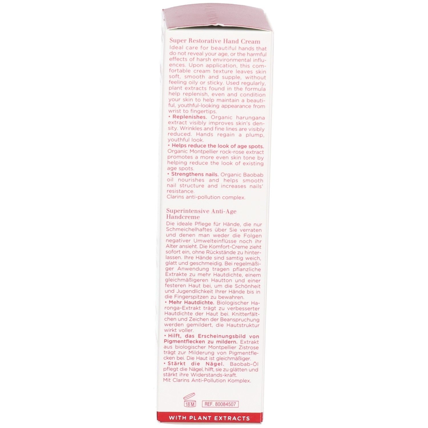 Côté d'une boîte d'emballage de crème pour les mains Clarins avec descriptions produit en anglais et allemand.