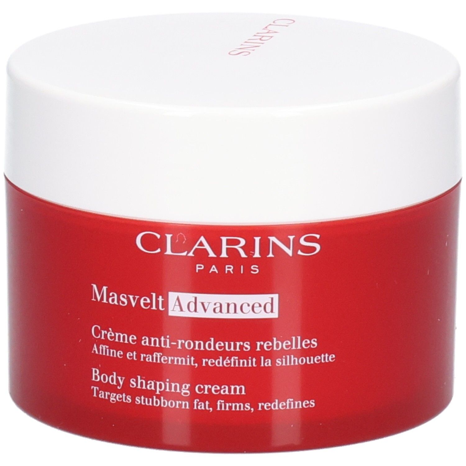 Crème Masvelt Advanced Clarins dans un pot rouge avec un couvercle blanc.