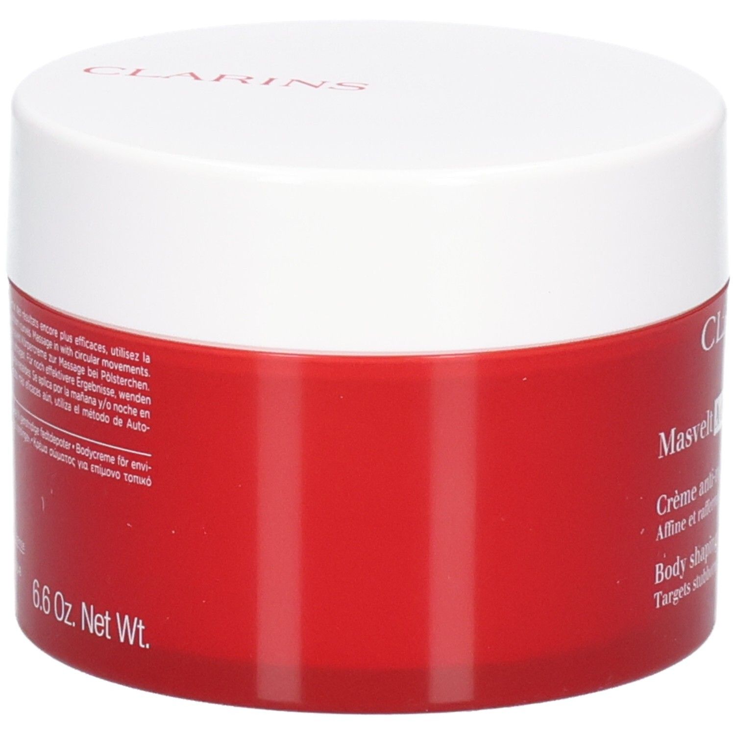 Crème Masvelt Advanced Clarins, vue latérale du pot rouge avec couvercle blanc.