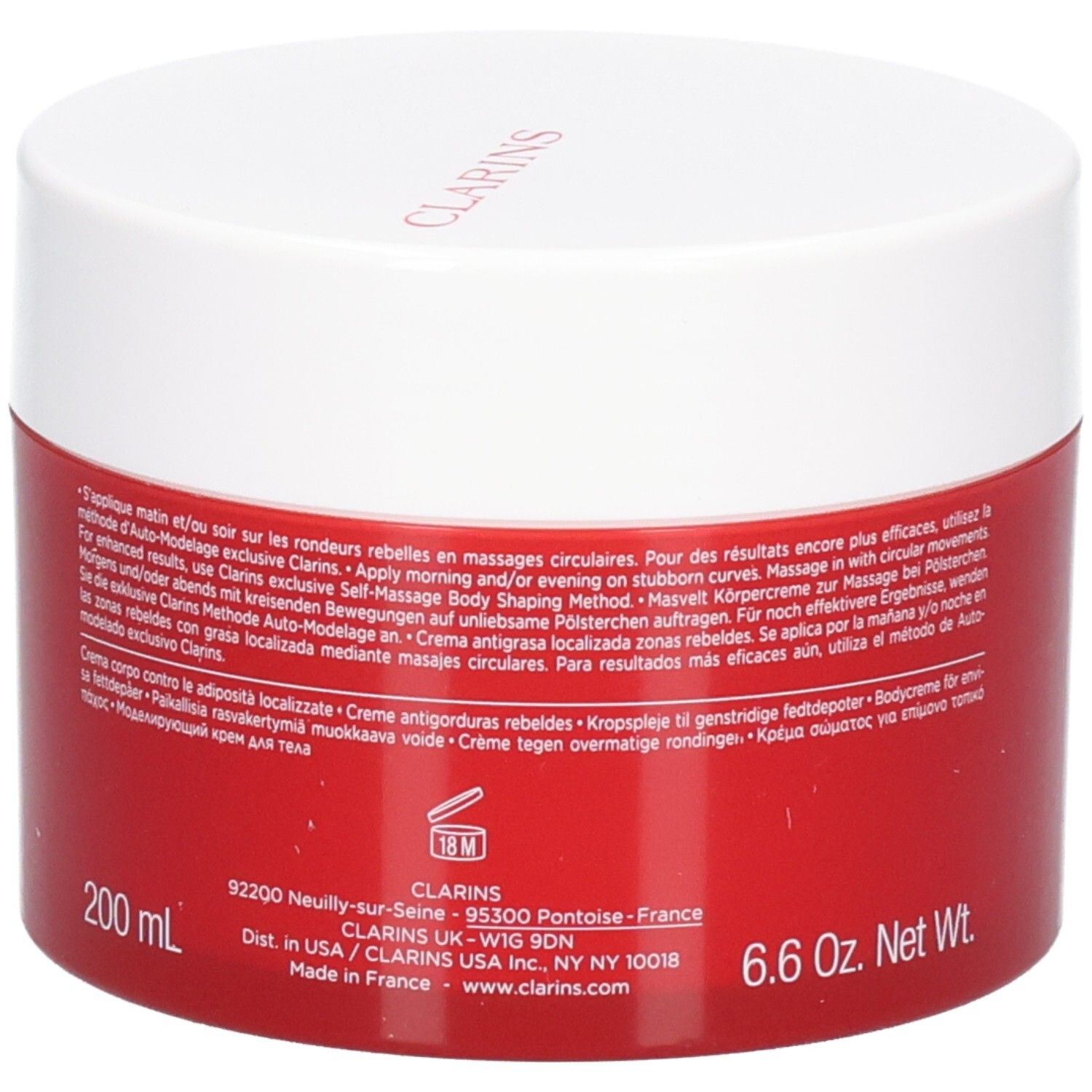 Crème Masvelt Advanced Clarins, arrière du pot rouge avec informations produit et indication 200 ml.