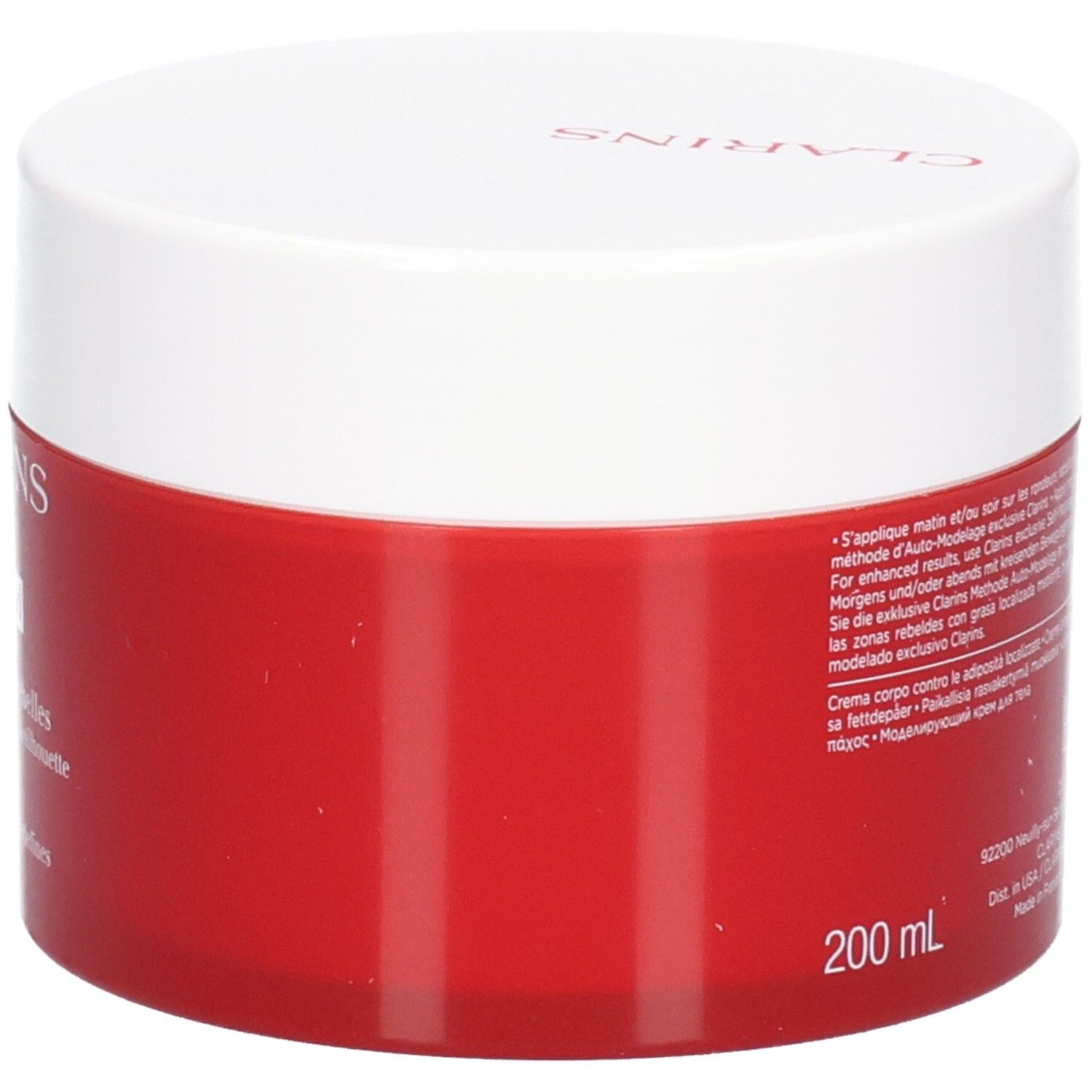 Crème Masvelt Advanced Clarins, vue latérale du pot rouge avec couvercle blanc et texte.