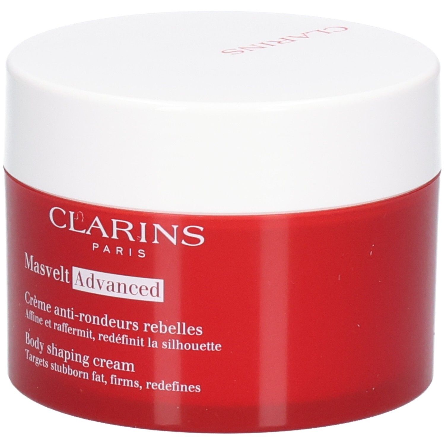 Crème Masvelt Advanced Clarins dans un pot rouge avec couvercle blanc, vue de face.