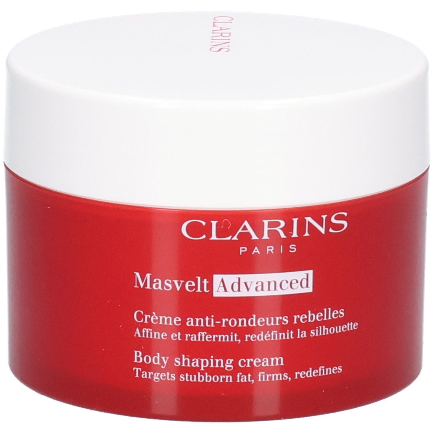 Crème Masvelt Advanced Clarins dans un pot rouge avec couvercle blanc, légèrement en biais.