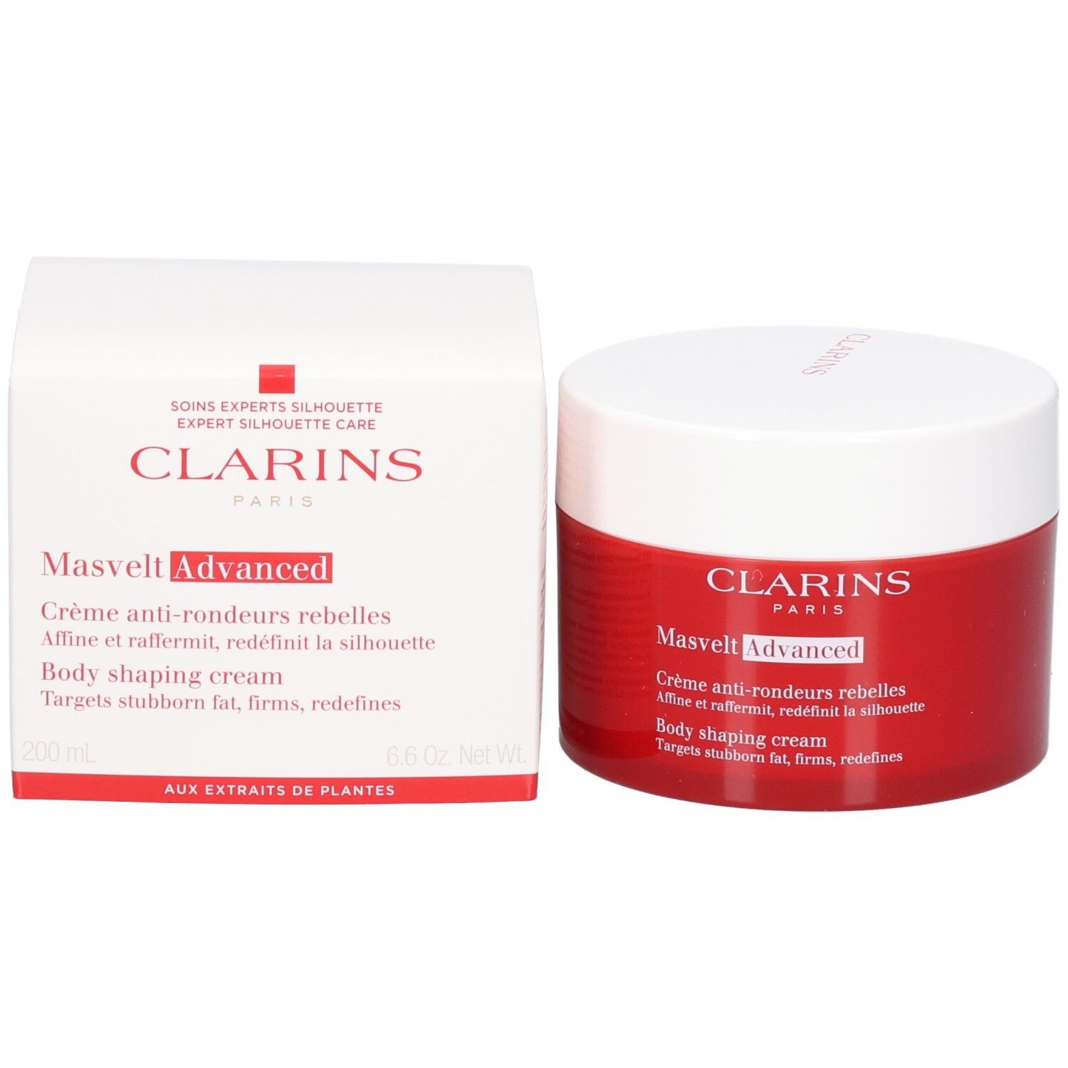 Crème Masvelt Advanced Clarins et son emballage, pot rouge et boîte blanche.