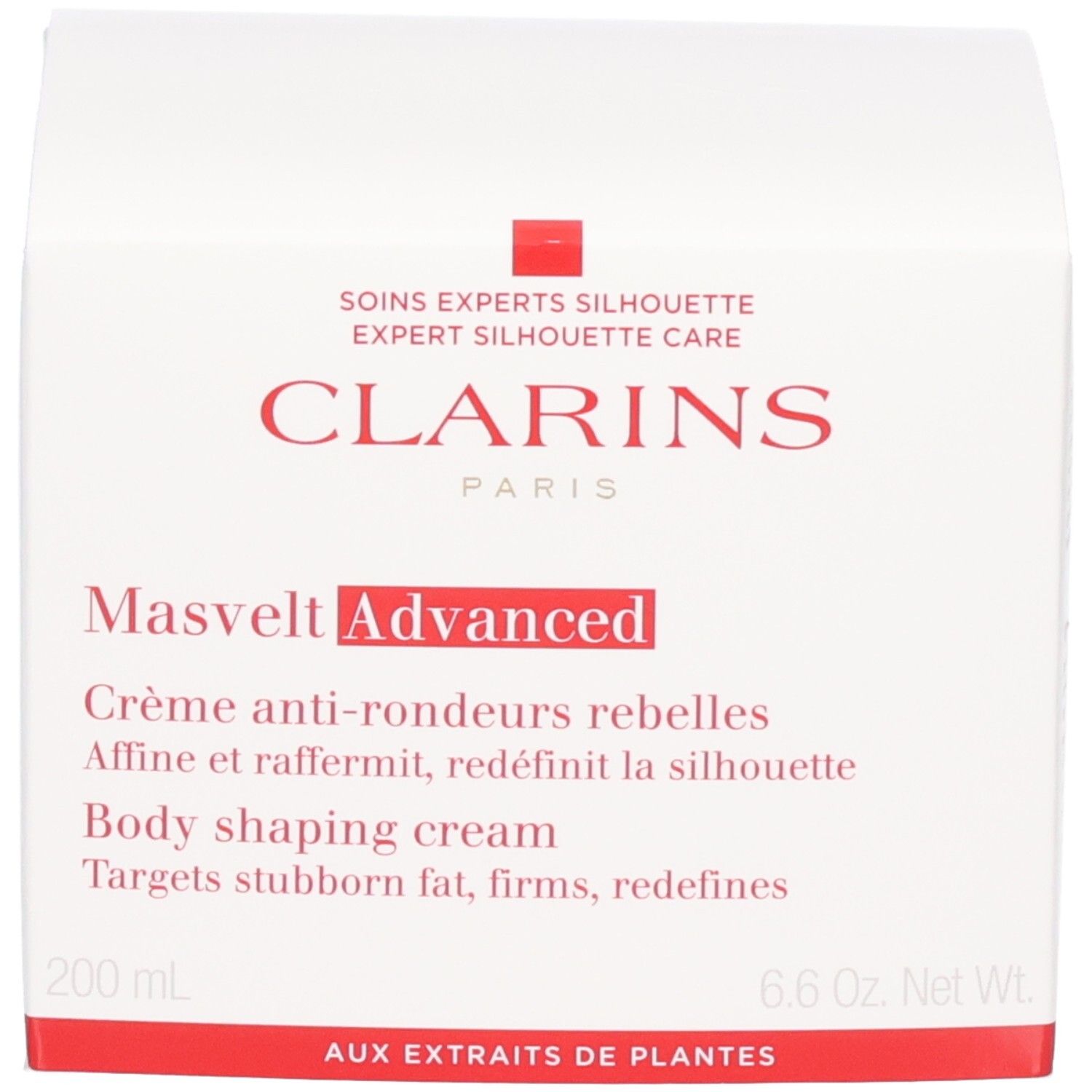 Emballage de la crème Masvelt Advanced Clarins, boîte blanche avec des accents rouges.