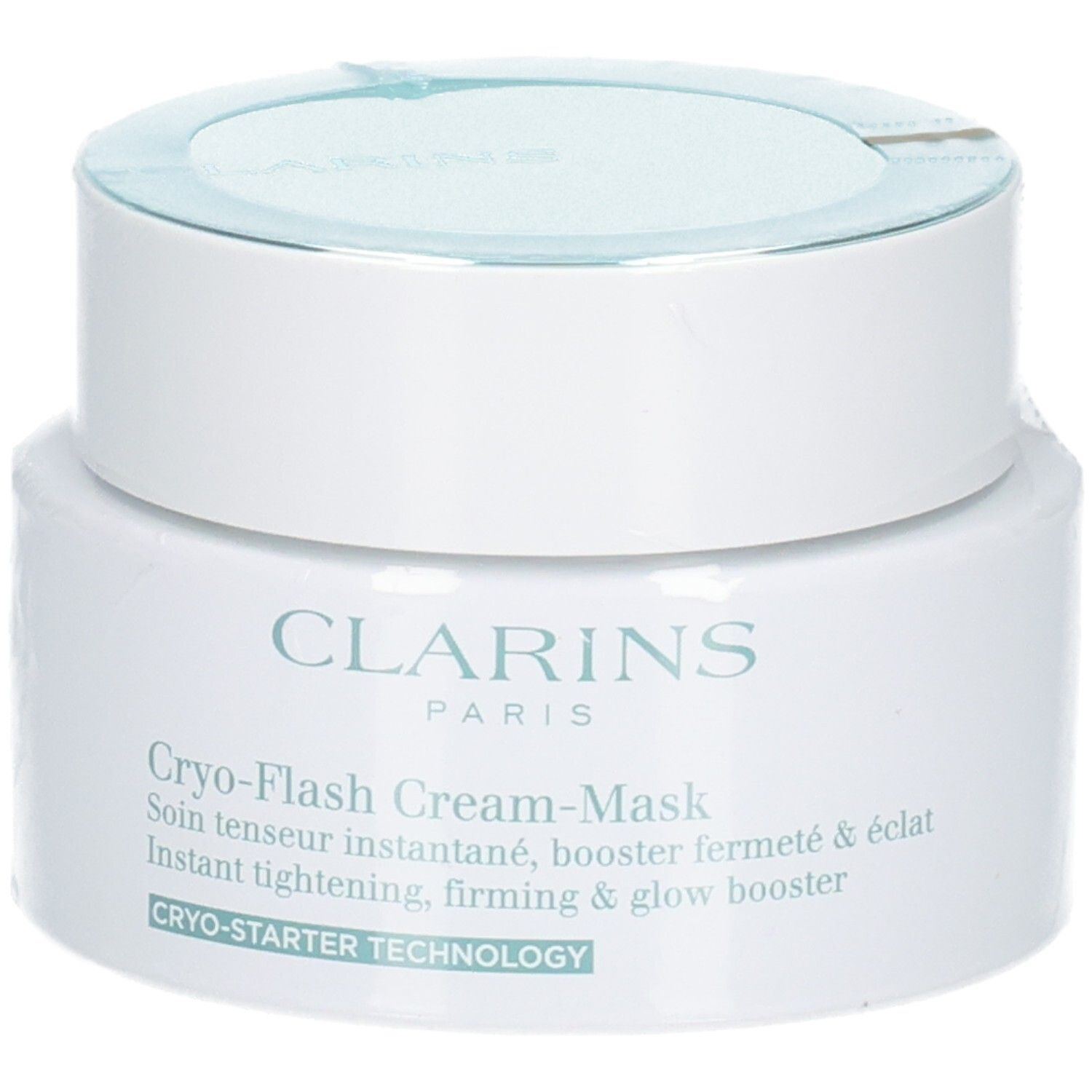Clarins Cryo-Flash Cream-Mask : pot blanc avec couvercle et étiquette turquoise.
