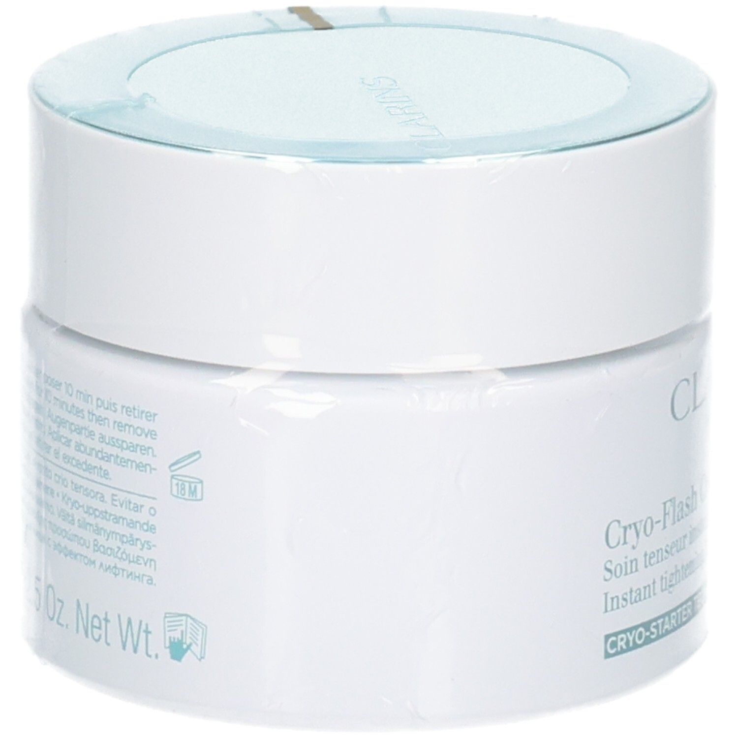 Clarins Cryo-Flash Cream-Mask : pot blanc avec couvercle turquoise, étiquette latérale et film protecteur.