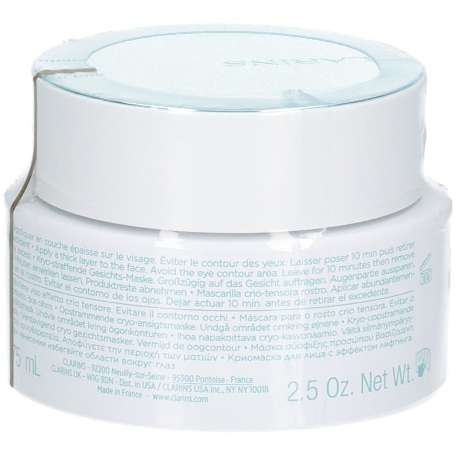Clarins Cryo-Flash Cream-Mask : pot avec étiquette et instructions, 75 ml.