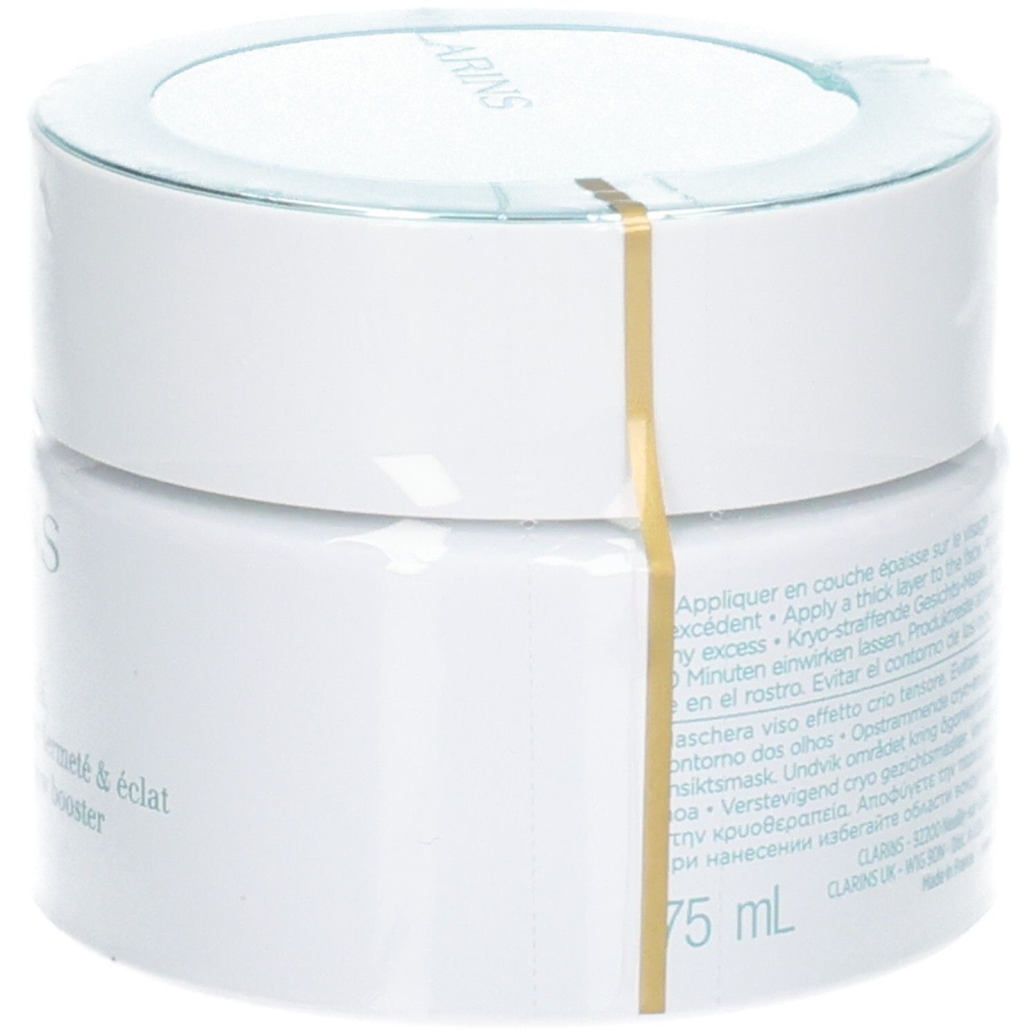 Clarins Cryo-Flash Cream-Mask : pot blanc avec couvercle turquoise, sceau latéral et étiquette.