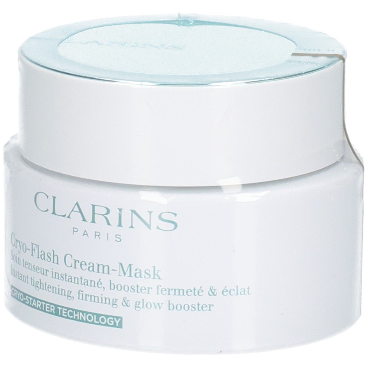 Clarins Cryo-Flash Cream-Mask : pot blanc avec couvercle et étiquette turquoise, légèrement incliné.