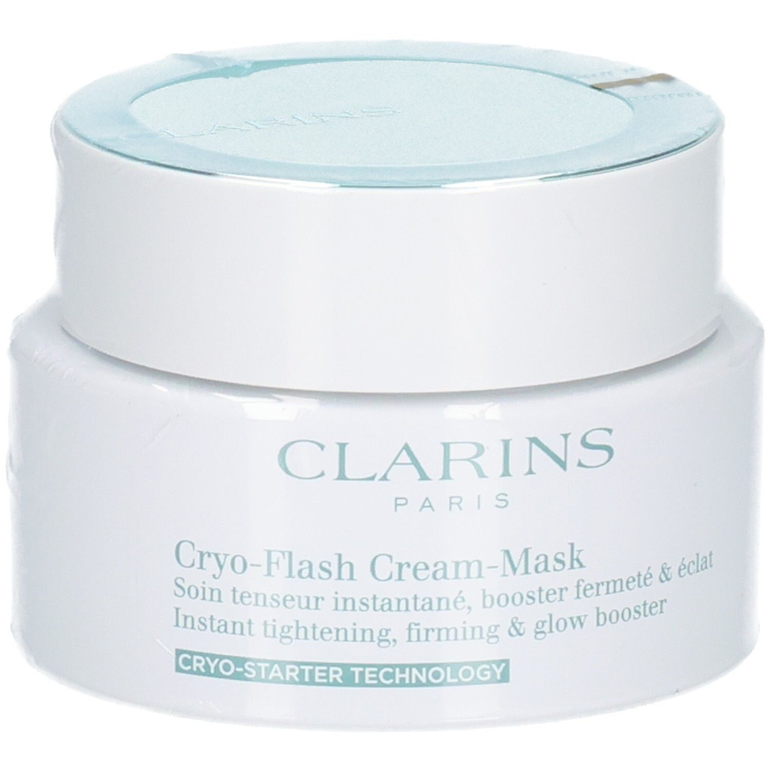 Clarins Cryo-Flash Cream-Mask : pot blanc avec couvercle et étiquette turquoise, de face.