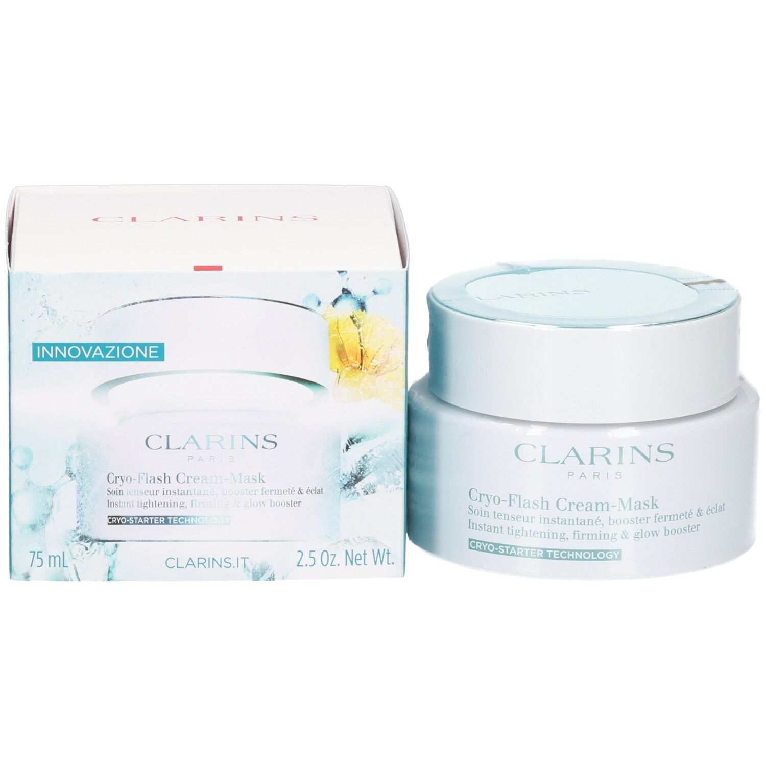 Clarins Cryo-Flash Cream-Mask : pot et emballage, avec des accents turquoise.