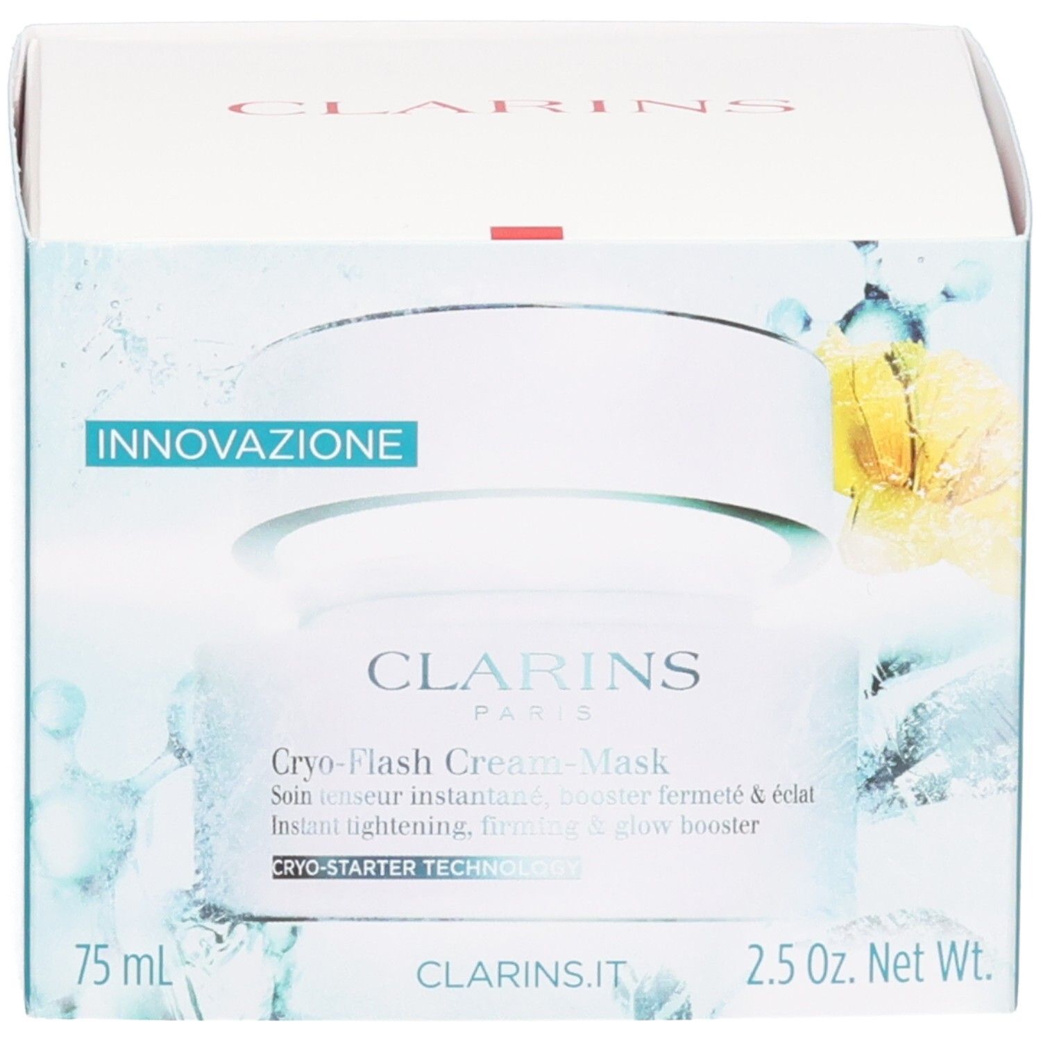 Clarins Cryo-Flash Cream-Mask : boîte avec motifs turquoise et le pot.