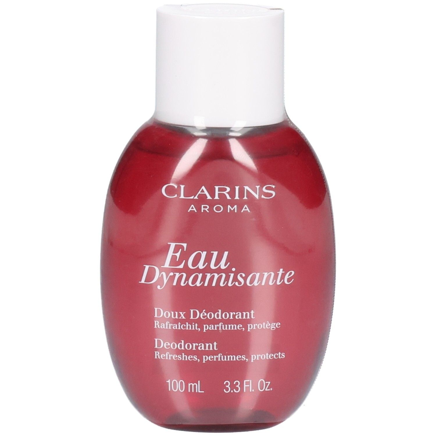 Clarins Eau Dynamisante, vaporisateur déodorant rouge avec un bouchon blanc.
