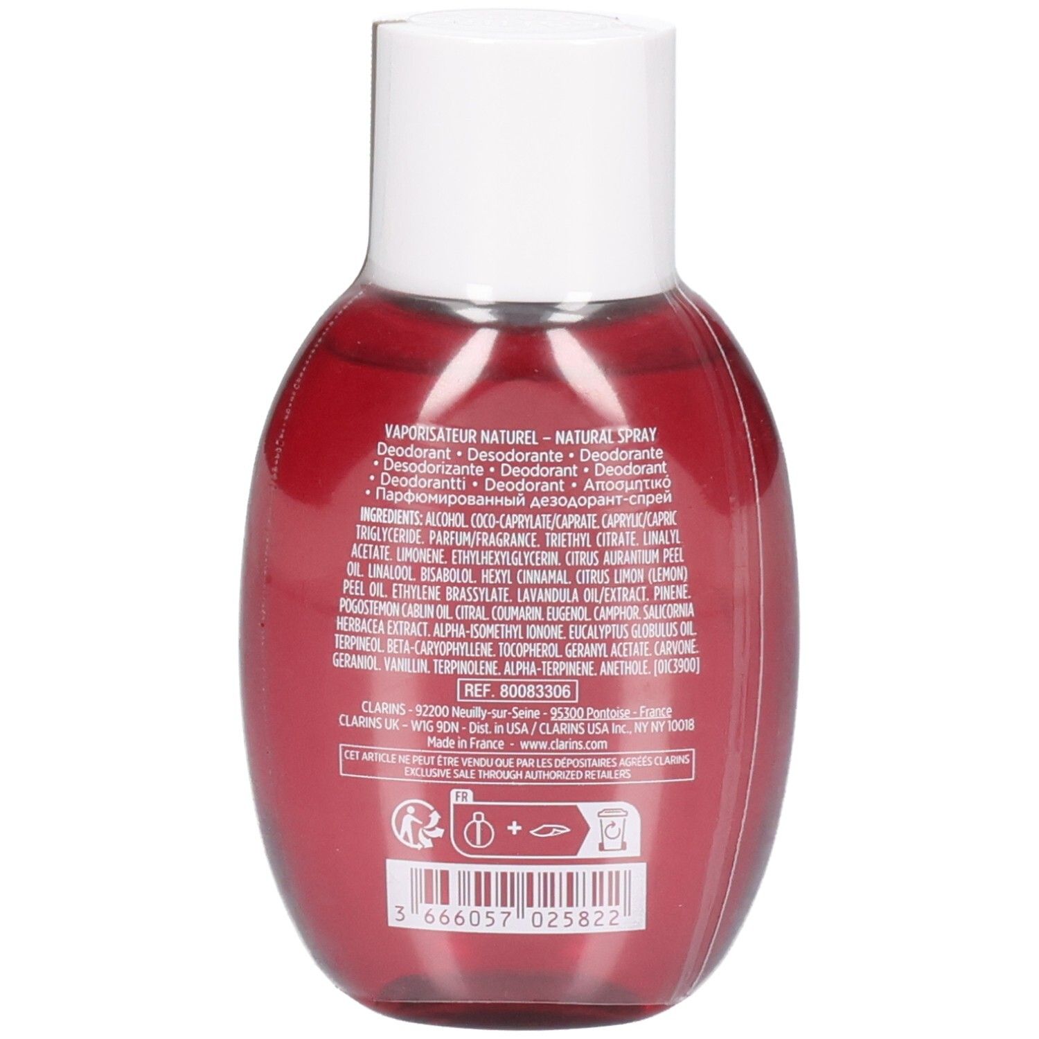 Clarins Eau Dynamisante, arrière du vaporisateur déodorant rouge avec bouchon blanc et ingrédients.