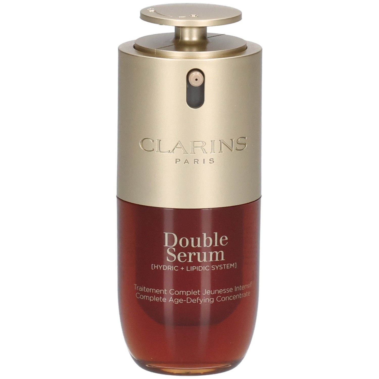 Flacon Clarins Double Serum avec pompe, bouchon doré, flacon rouge.