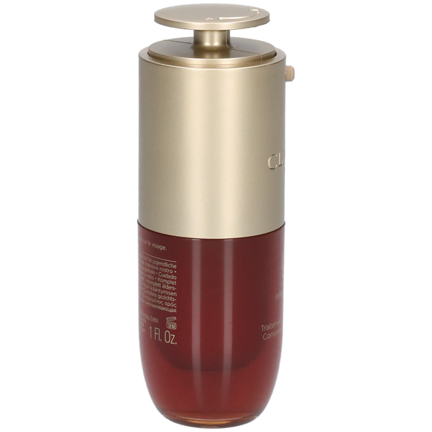 Flacon Clarins Double Serum avec pompe, bouchon doré, liquide rouge.