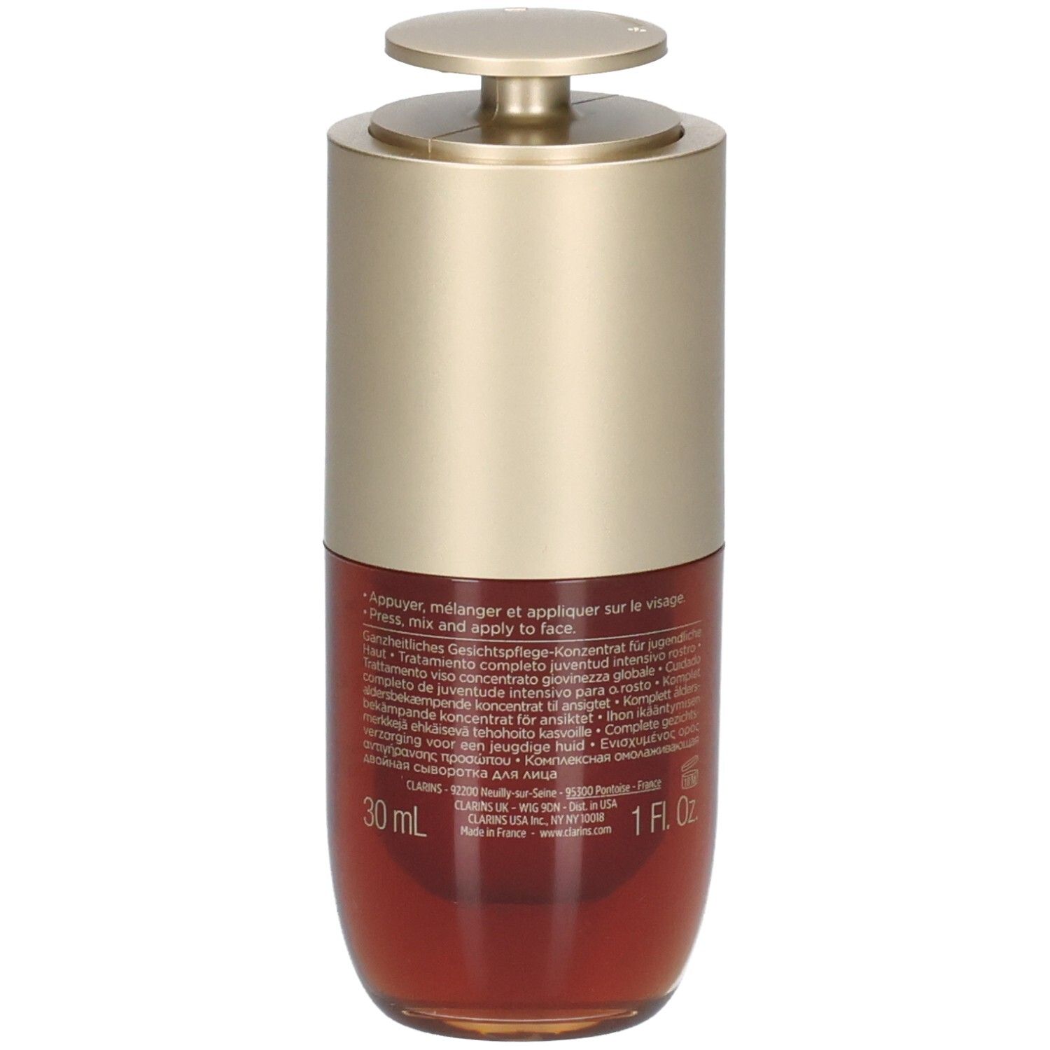 Flacon Clarins Double Serum avec pompe, bouchon doré, liquide rouge, 30ml.