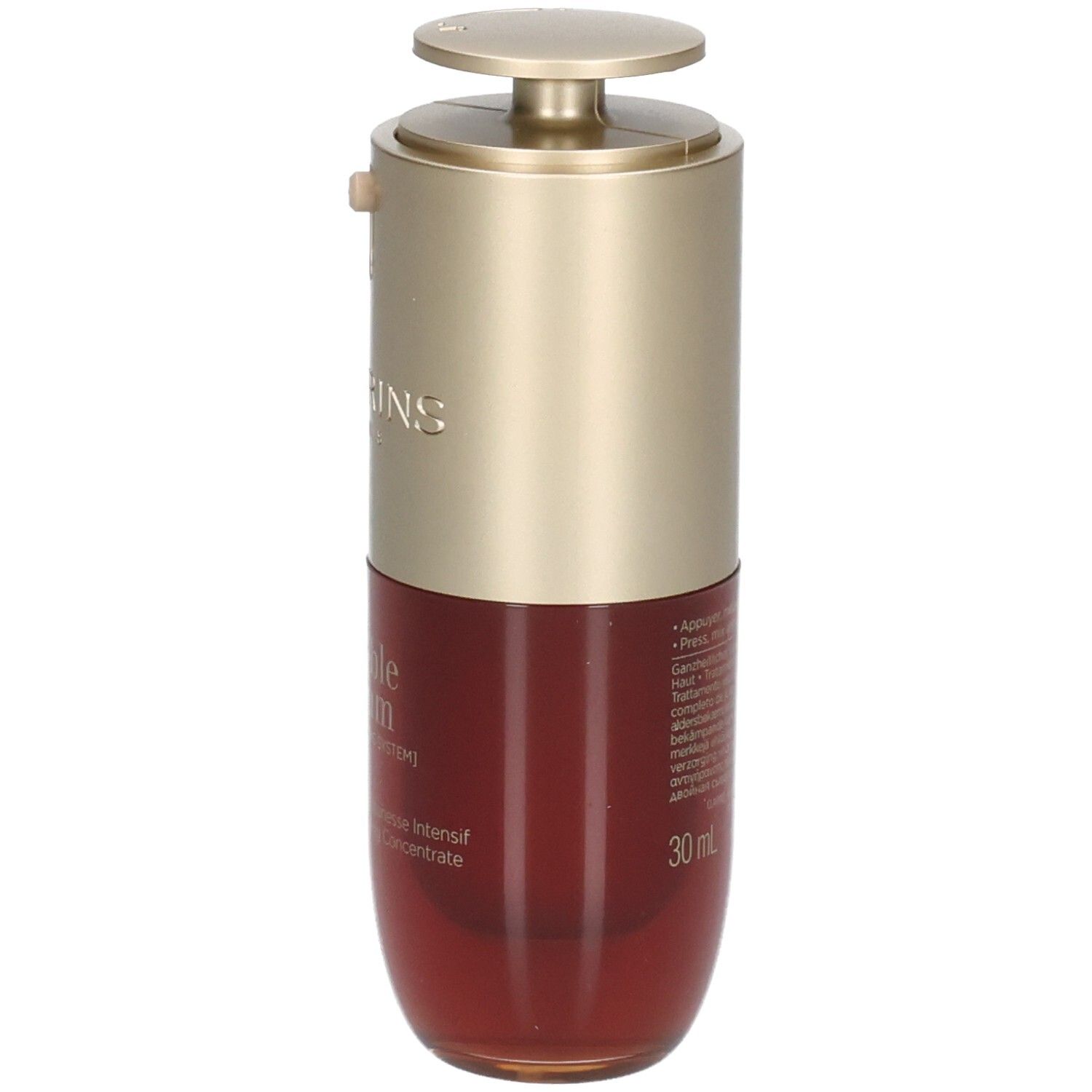 Flacon Clarins Double Serum avec pompe, bouchon doré, liquide rouge.