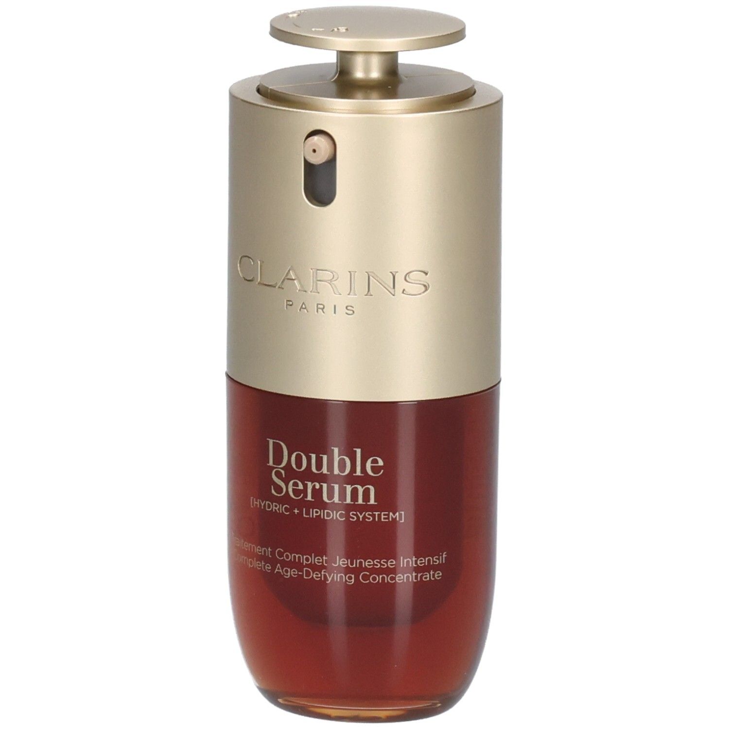 Flacon Clarins Double Serum avec pompe, bouchon doré, liquide rouge.