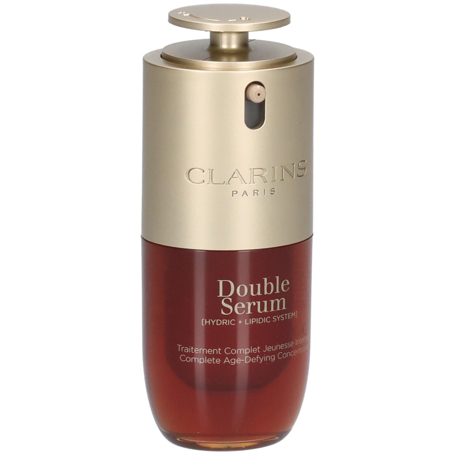 Flacon Clarins Double Serum avec pompe, bouchon doré, liquide rouge.